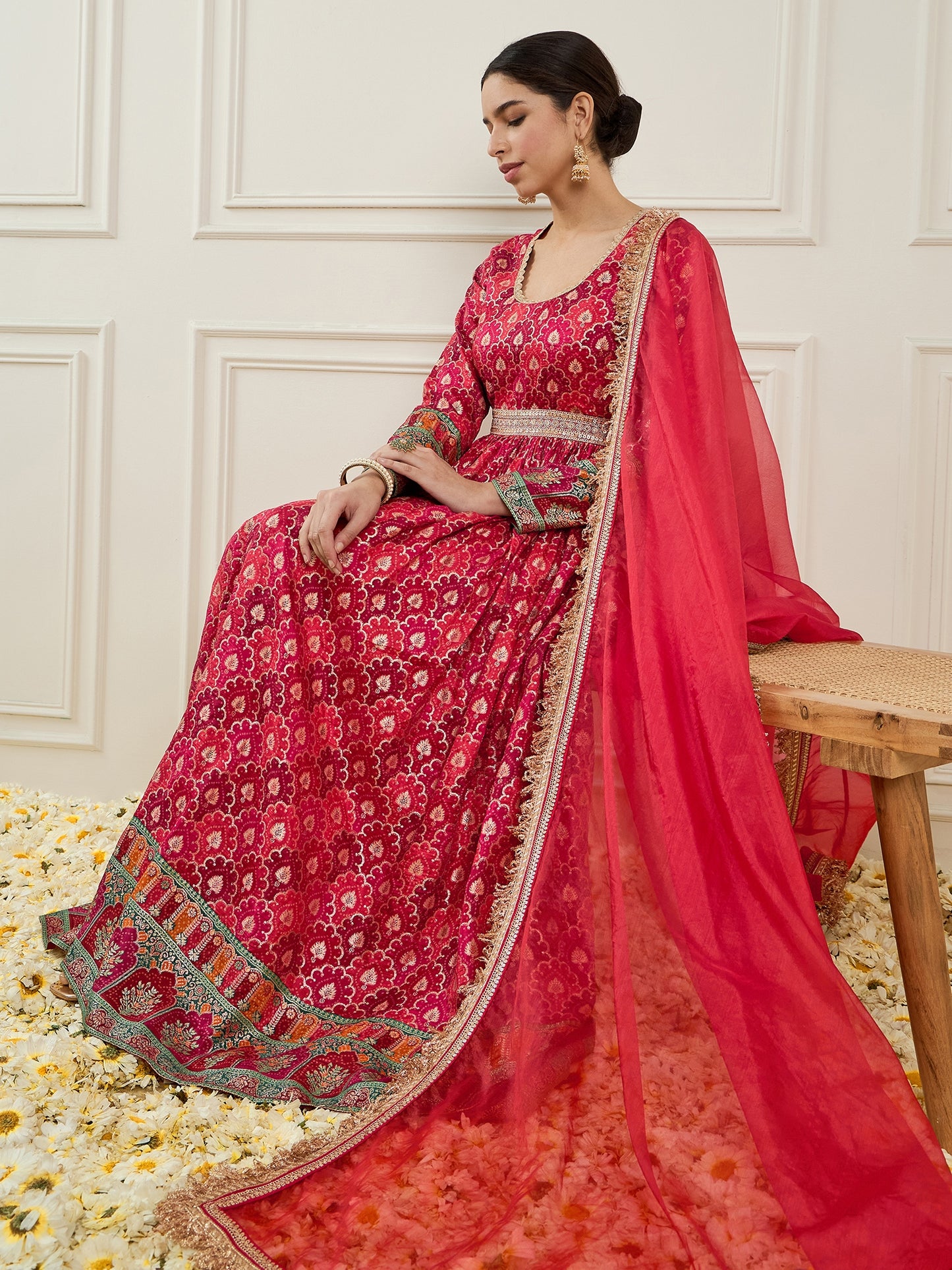 Ethnic Motifs Printed Gathered Detailed Silk Maxi Dress With Dupatta