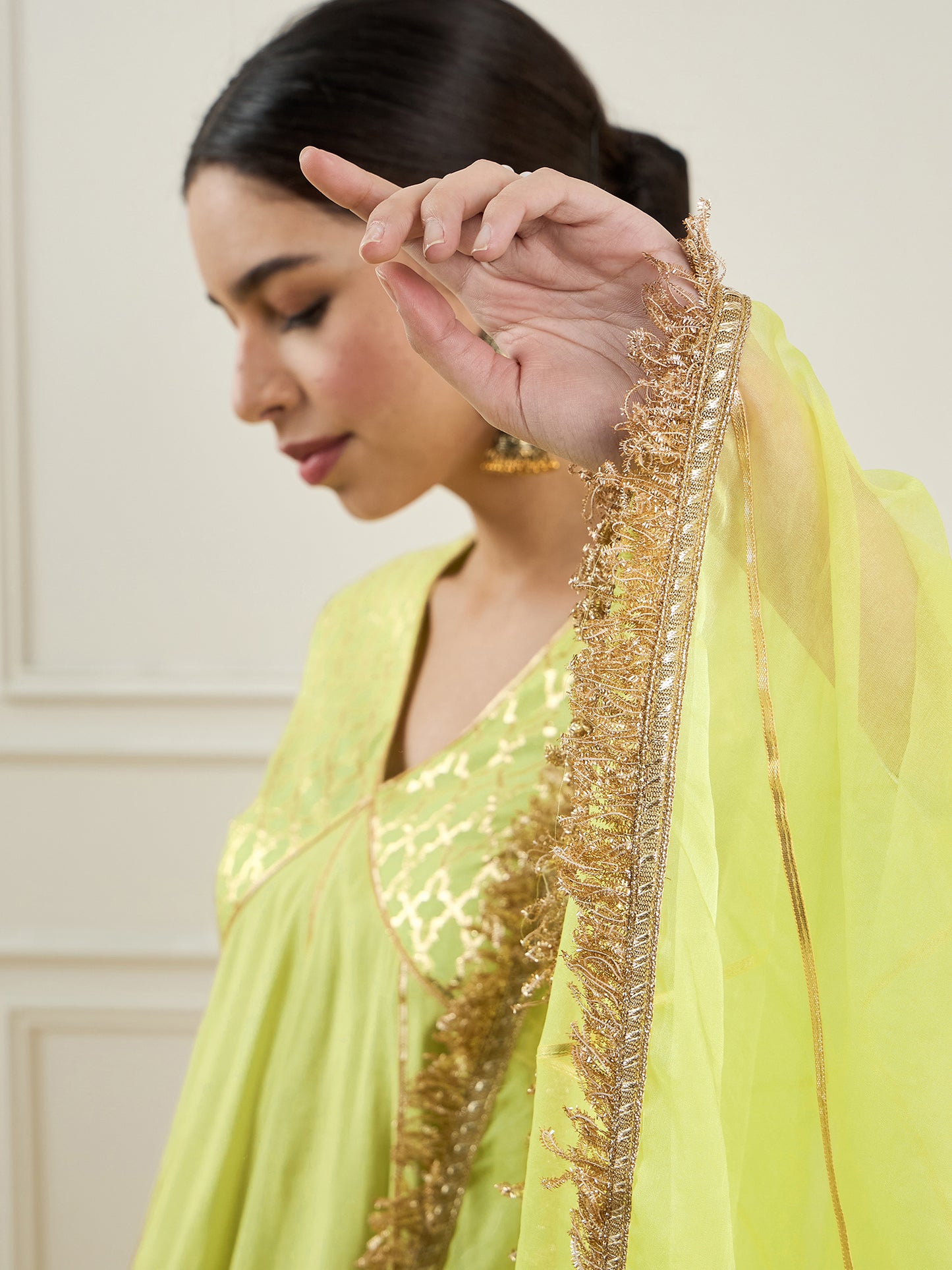 Empire V-Neck Chanderi Silk A-Line Kurta with Palazzo & Dupatta