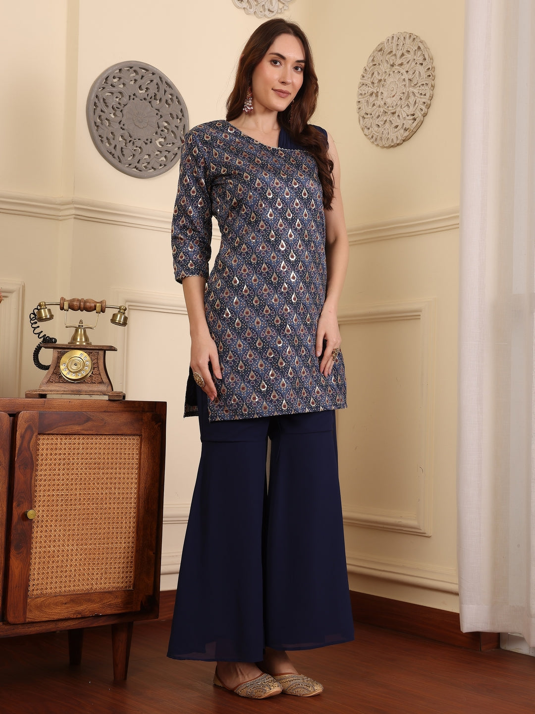 Ethnic Motifs Printed Asysmmetric Neck Sequinned Straight Kurta With Sharara
