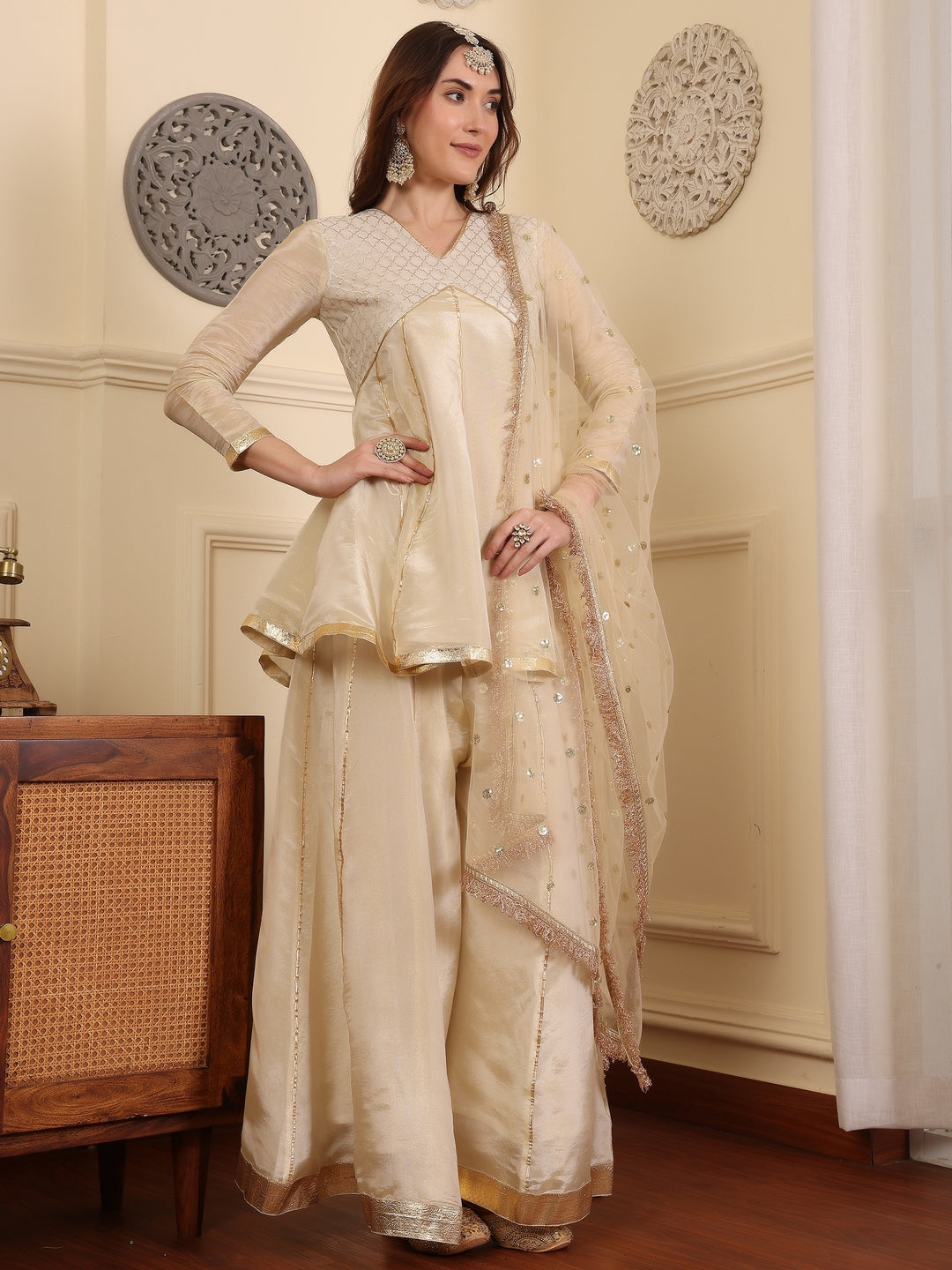 Women Yoke Design Empire Kurti with Palazzos & With Dupatta