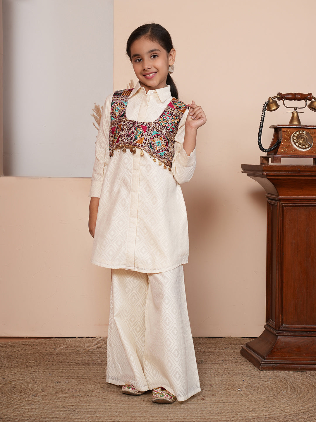 Girls Woven Design Embroidered Kurta with Palazzos and Jacket