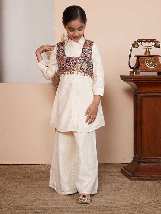 Girls Woven Design Embroidered Kurta with Palazzos and Jacket