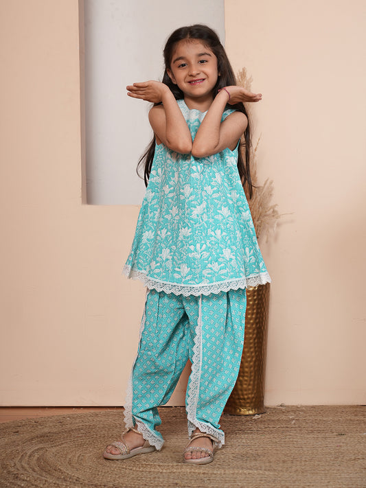 Floral printed turqoiuse blue kurta set