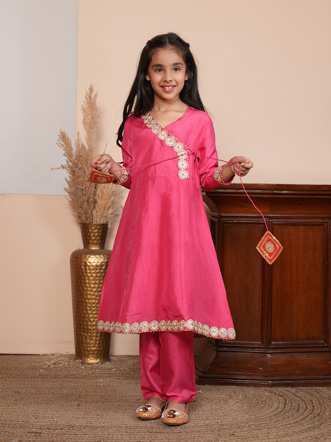 Pink angrakha kurta set with orange dupatta