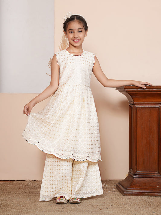 Lace work off white kurta set