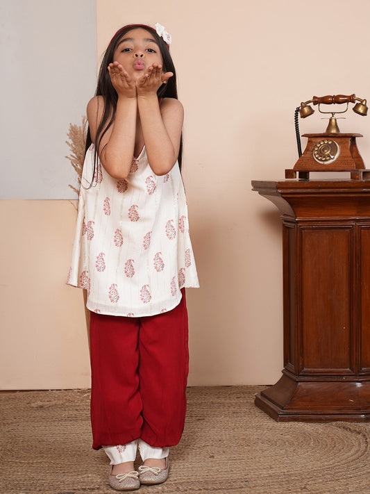 Printed white and maroon kurta set