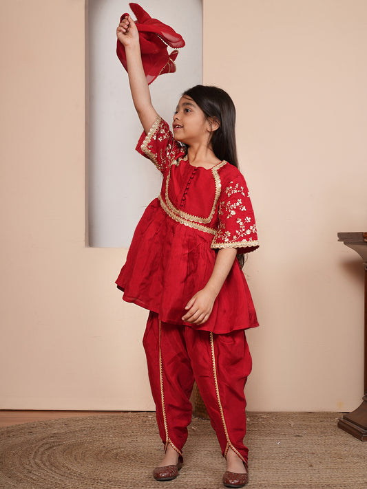 Girls Solid Embroidered Kurta with Dhoti Pant & Dupatta