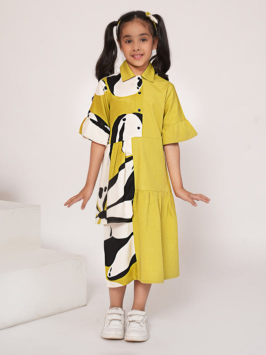 Panelled floral printed green dress