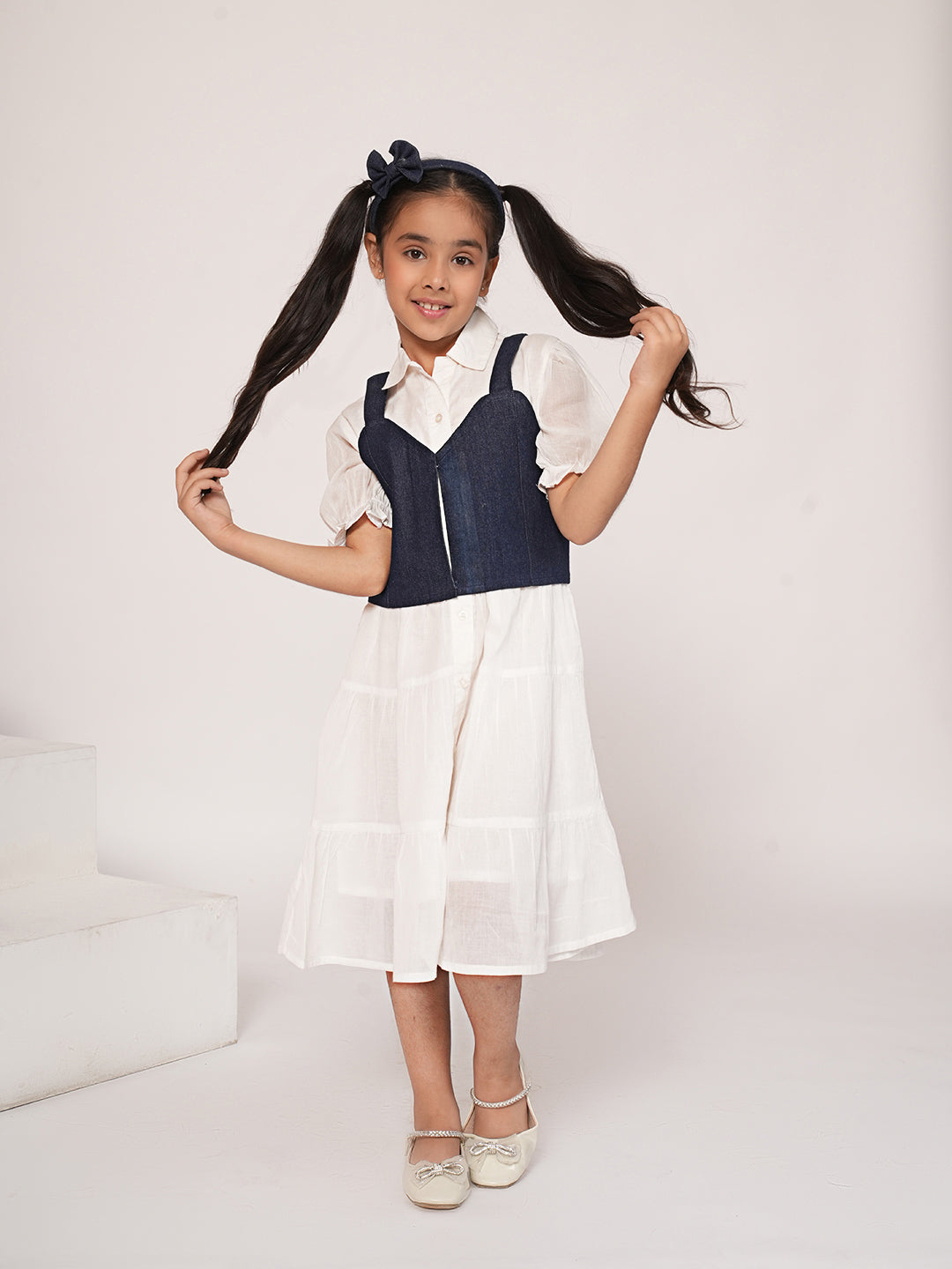White cotton dress with denim jacket