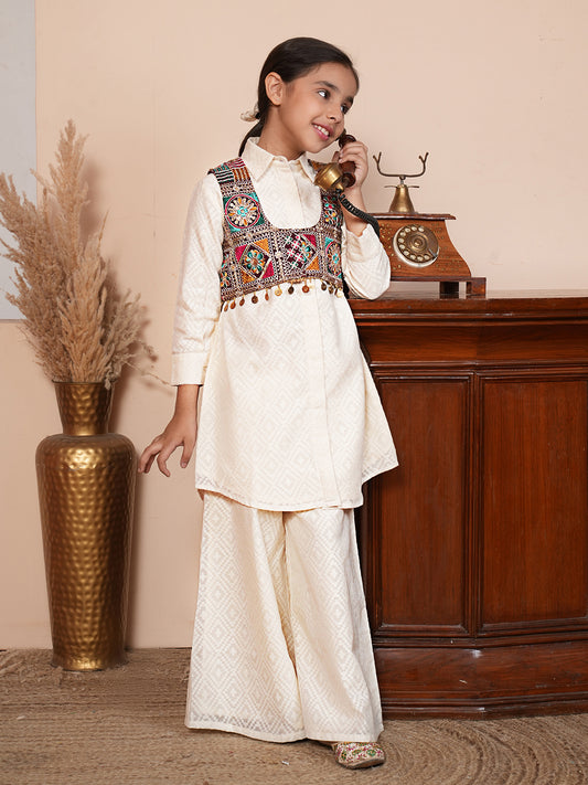 Girls Woven Design Embroidered Kurta with Palazzos and Jacket