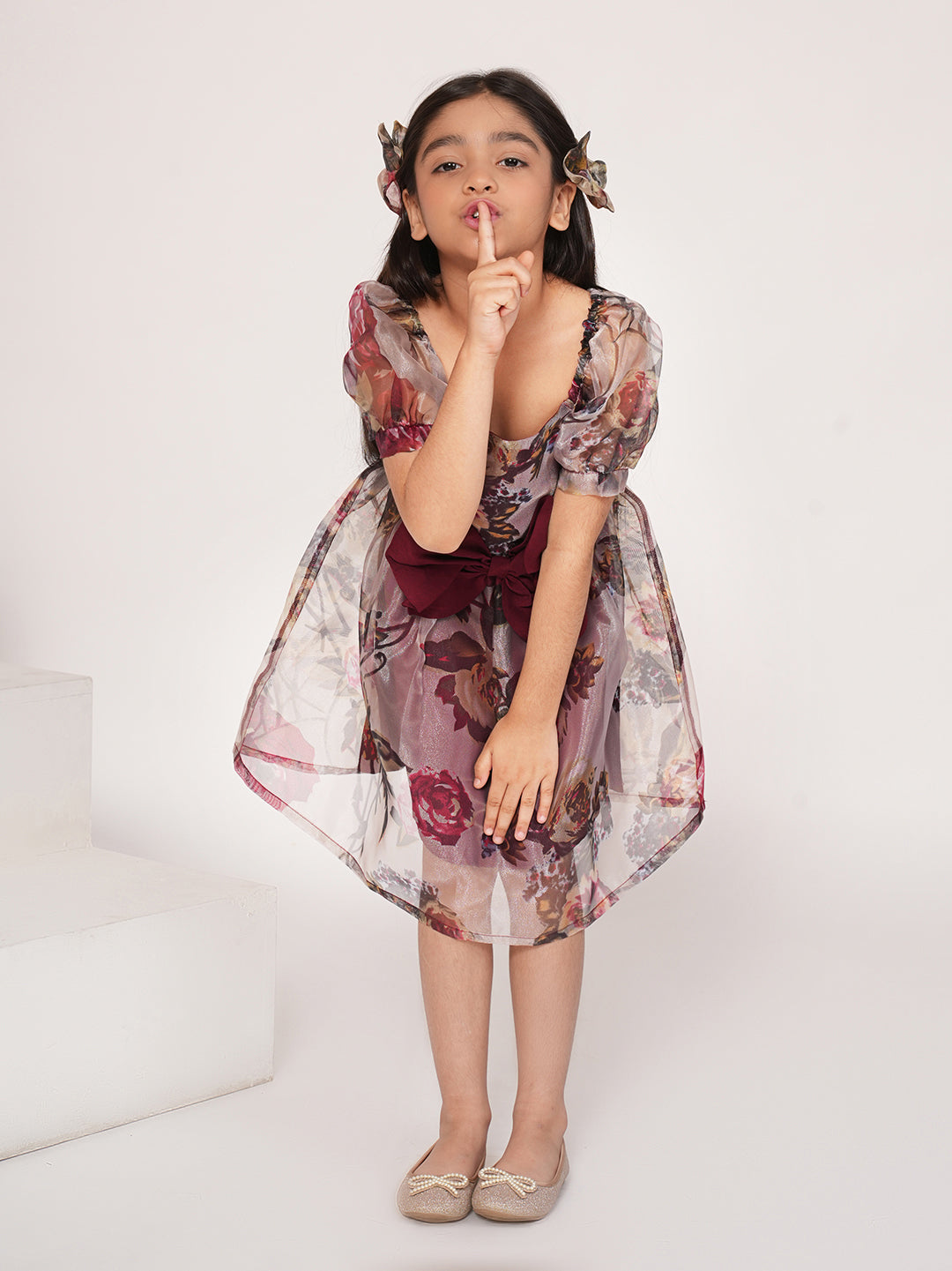 Wine floral printed organza dress