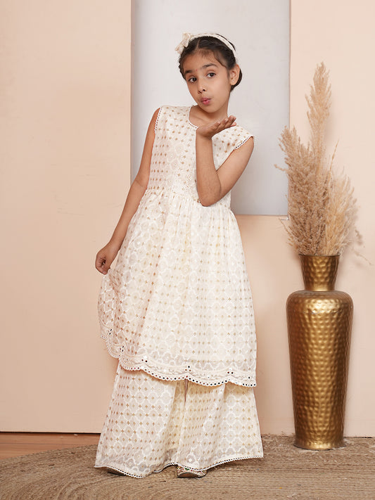 Lace work off white kurta set