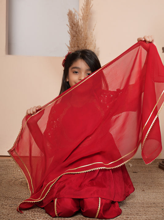 Girls Solid Embroidered Kurta with Dhoti Pant & Dupatta