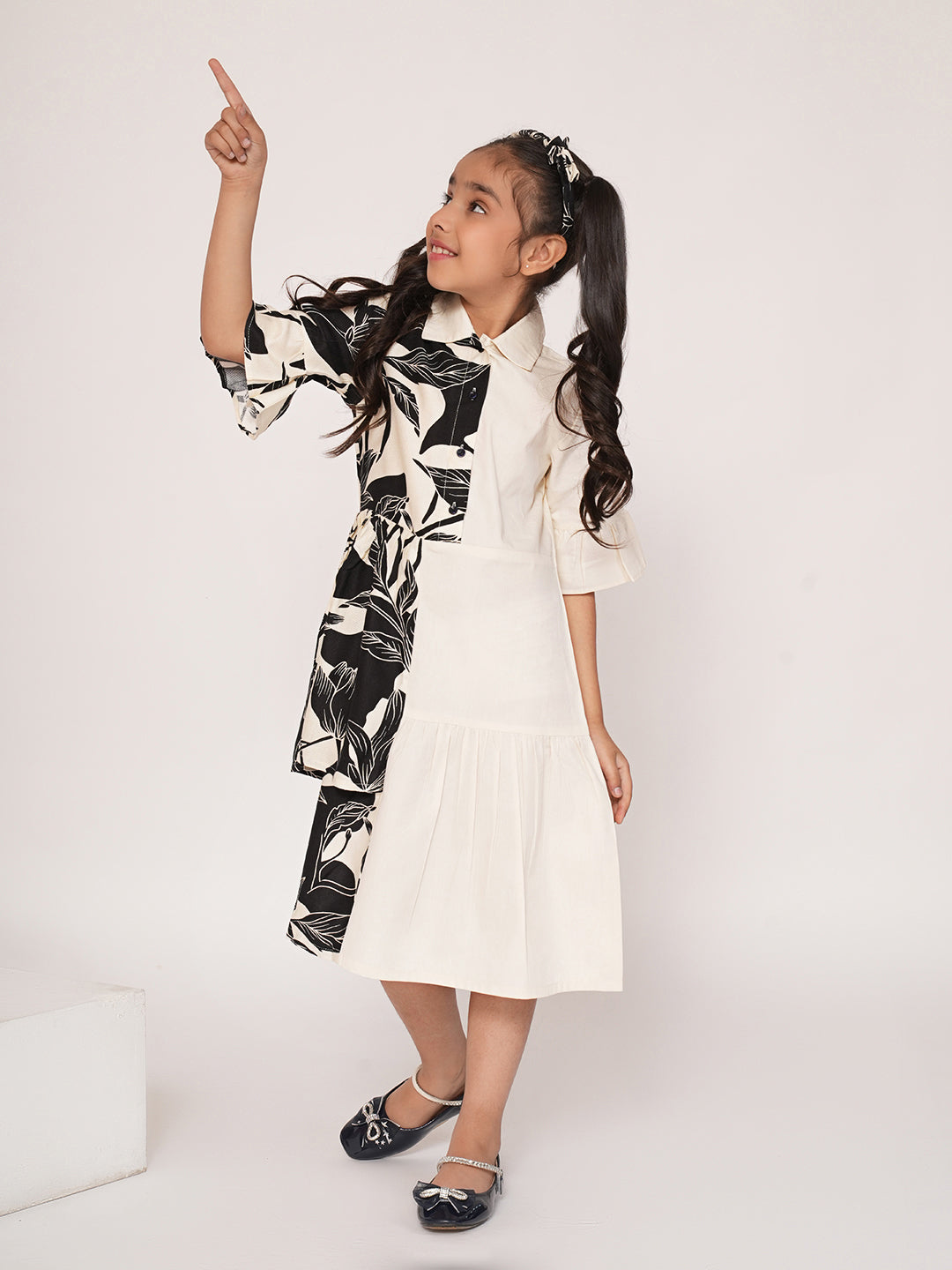 Panelled floral printed white dress