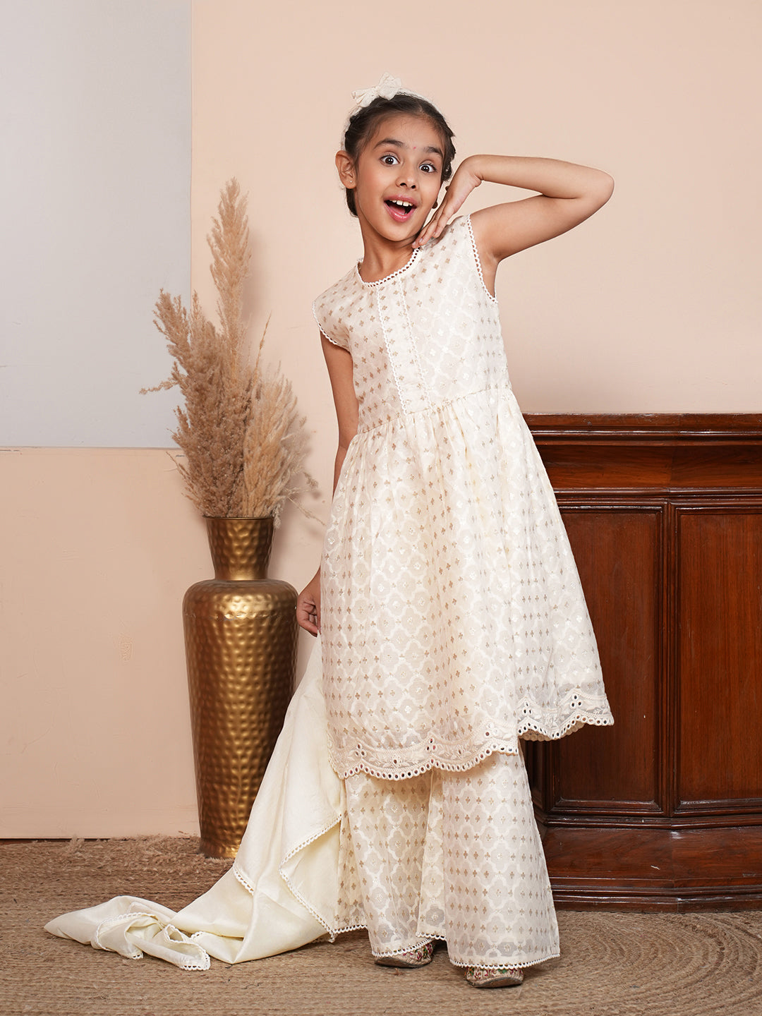 Lace work off white kurta set