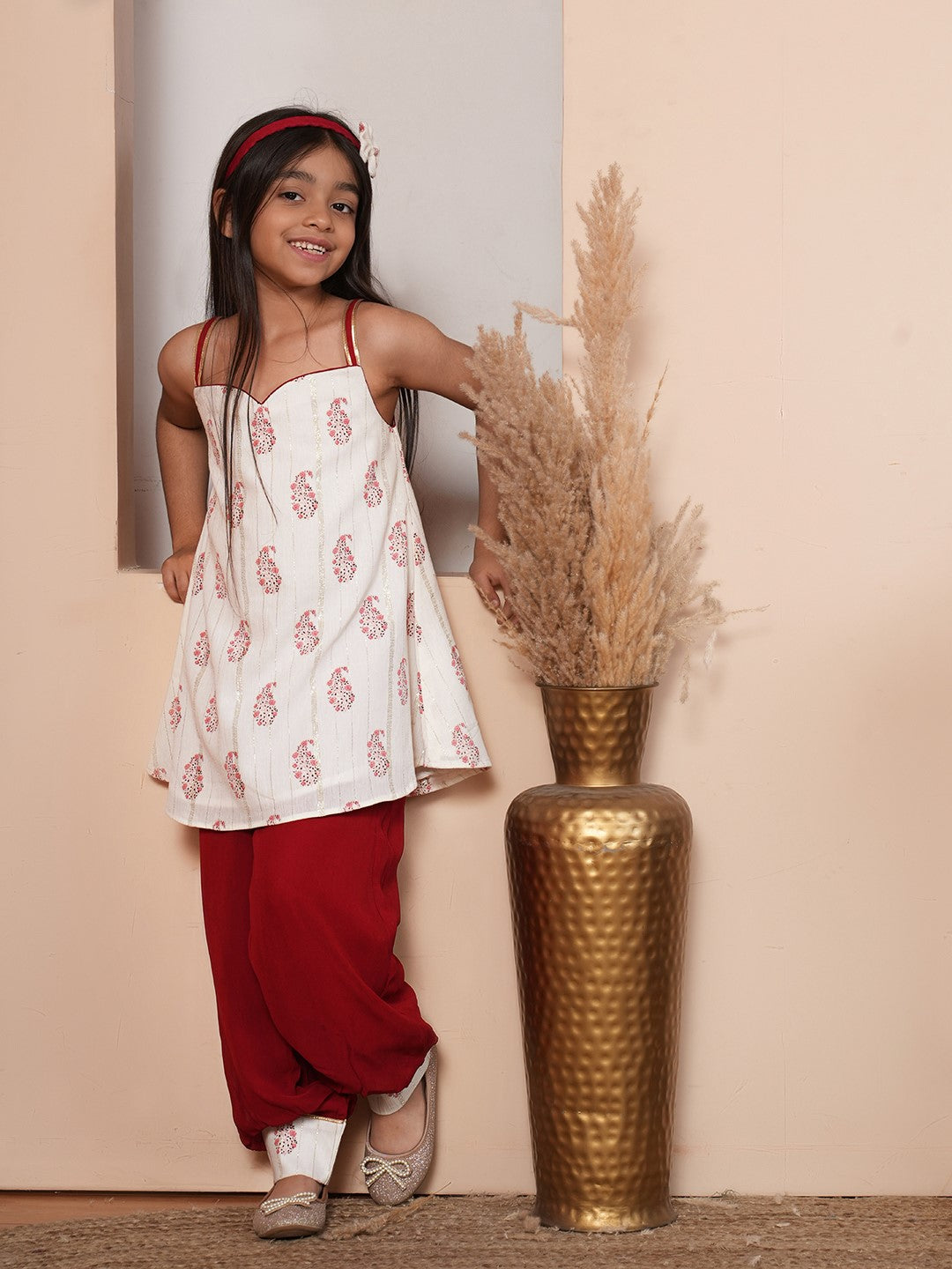 Printed white and maroon kurta set