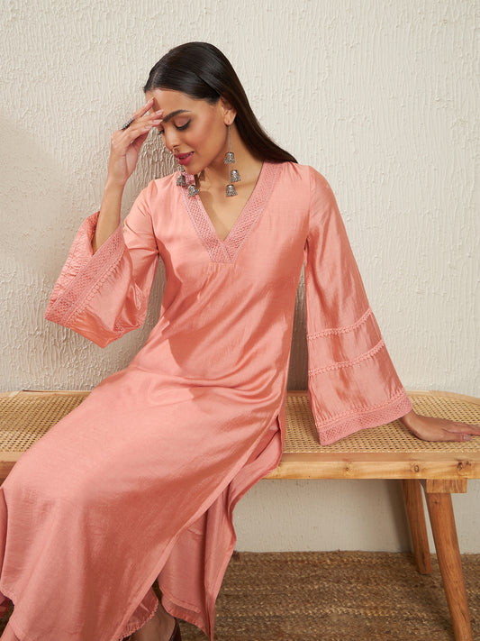 V-Neck Flared Sleeves Thread Work Chanderi Cotton Kurta with Trousers