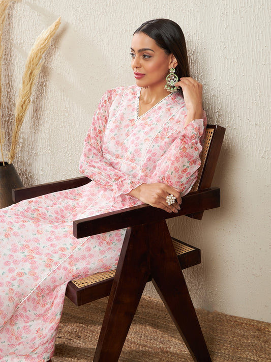 Women Floral Printed Panelled Kurta with Trousers