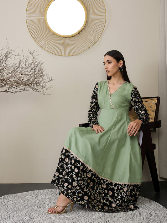Women Floral Embroidered Angrakha Sequinned Kurta with Trousers & With Dupatta
