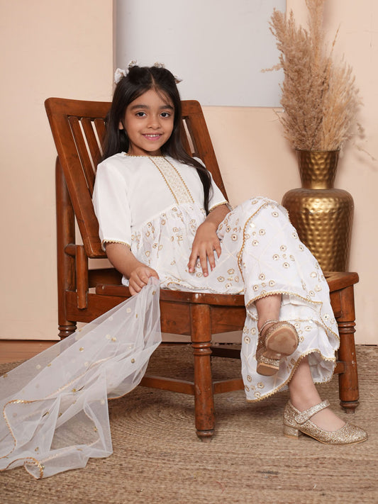 Mirror work white kurta set with Dupatta