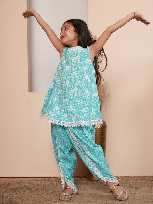 Floral printed turqoiuse blue kurta set