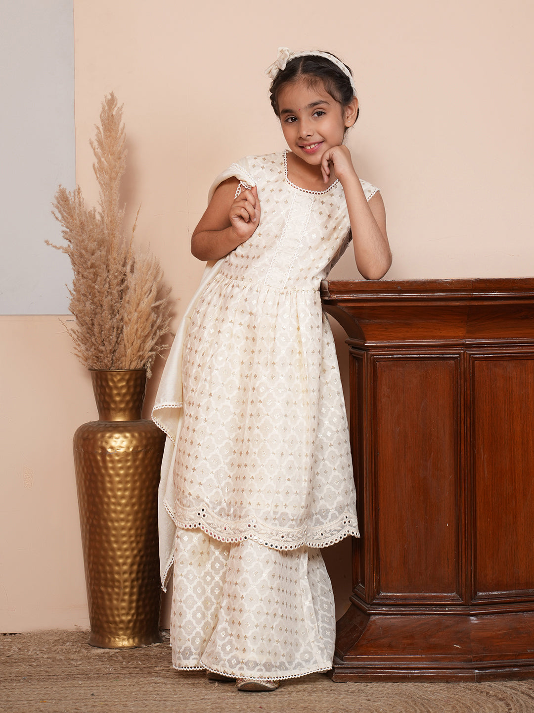 Lace work off white kurta set