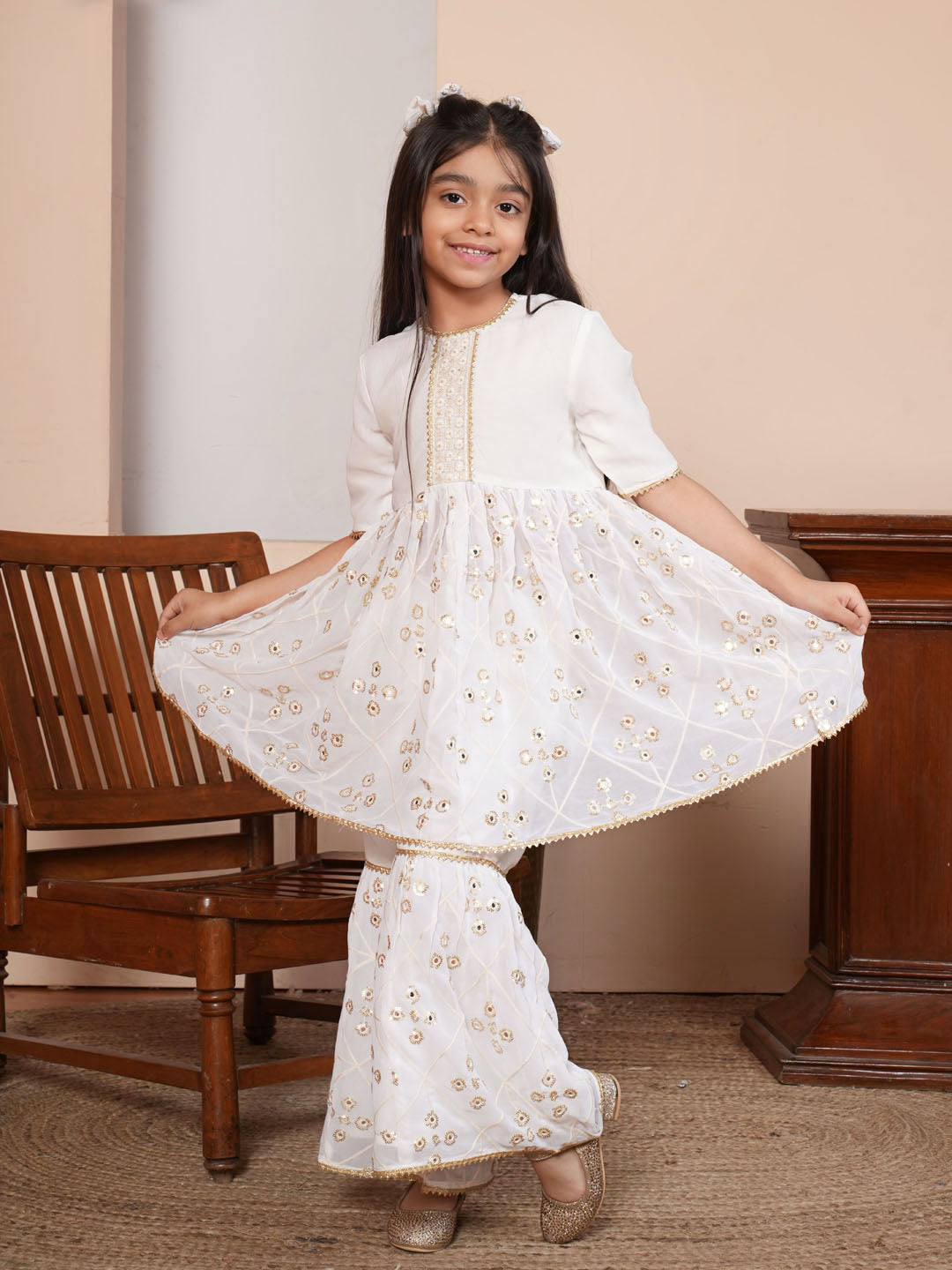 Mirror work white kurta set with Dupatta