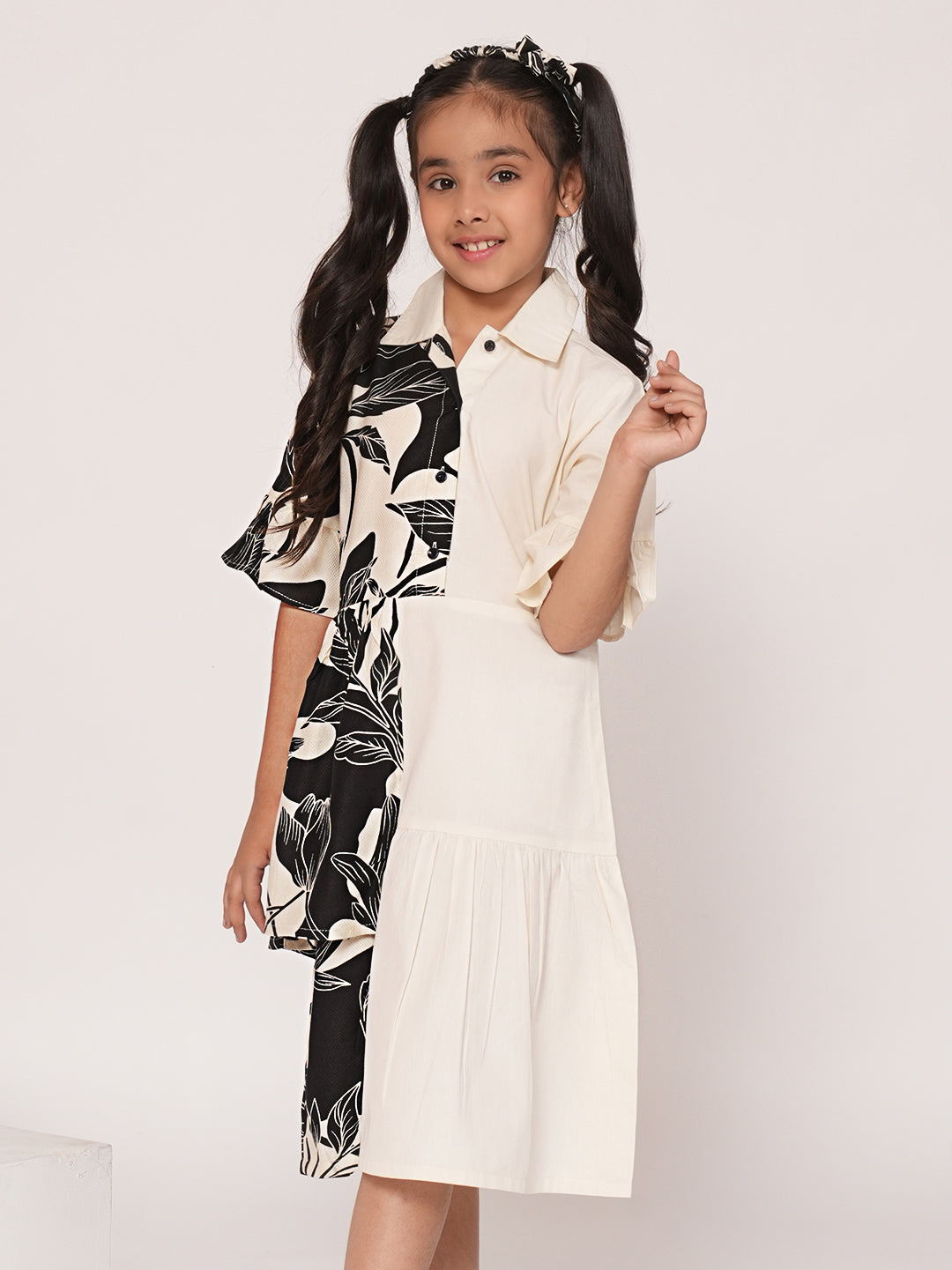 Panelled floral printed white dress