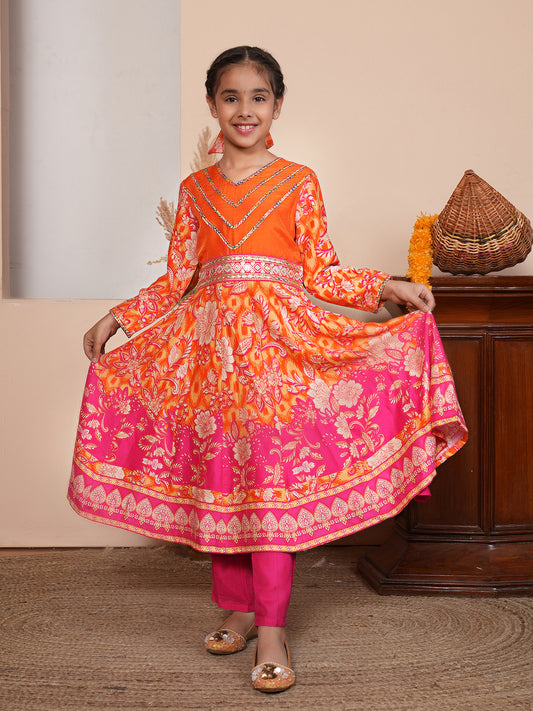 Floral printed orange and pink kurta set with dupatta