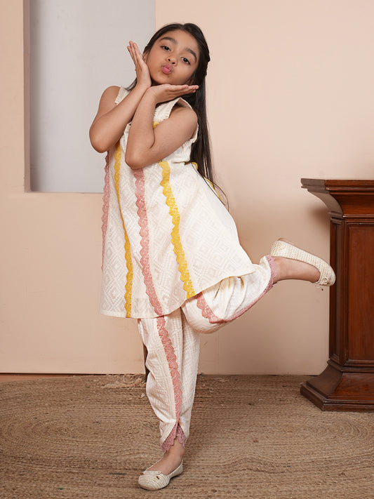 Lace work off white kurta set with dupatta