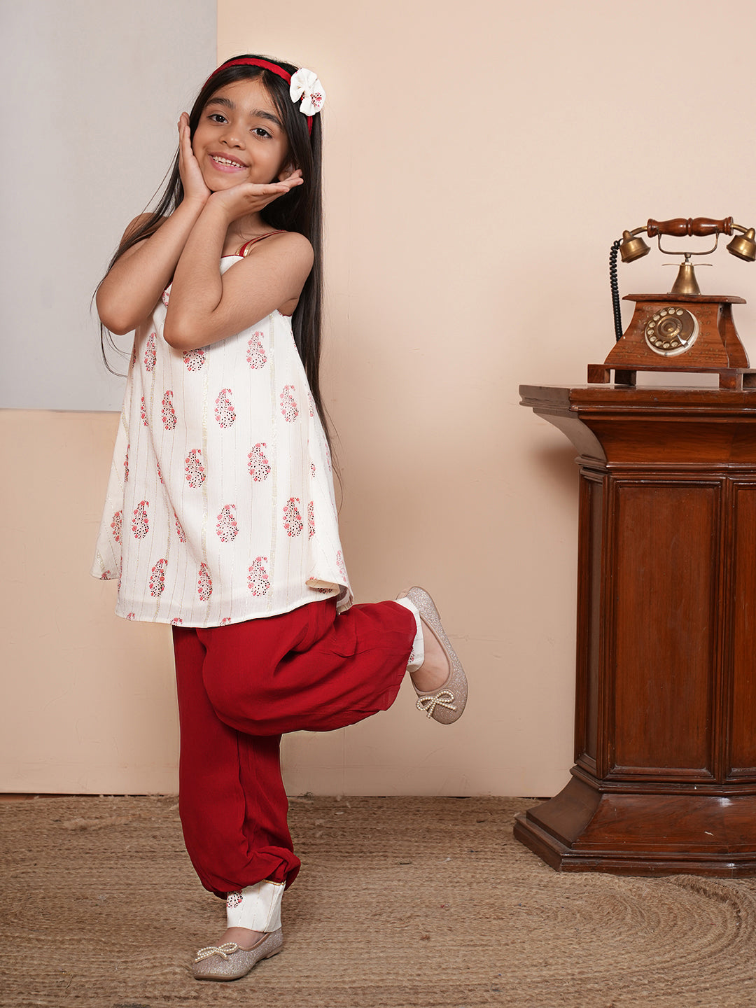Printed white and maroon kurta set