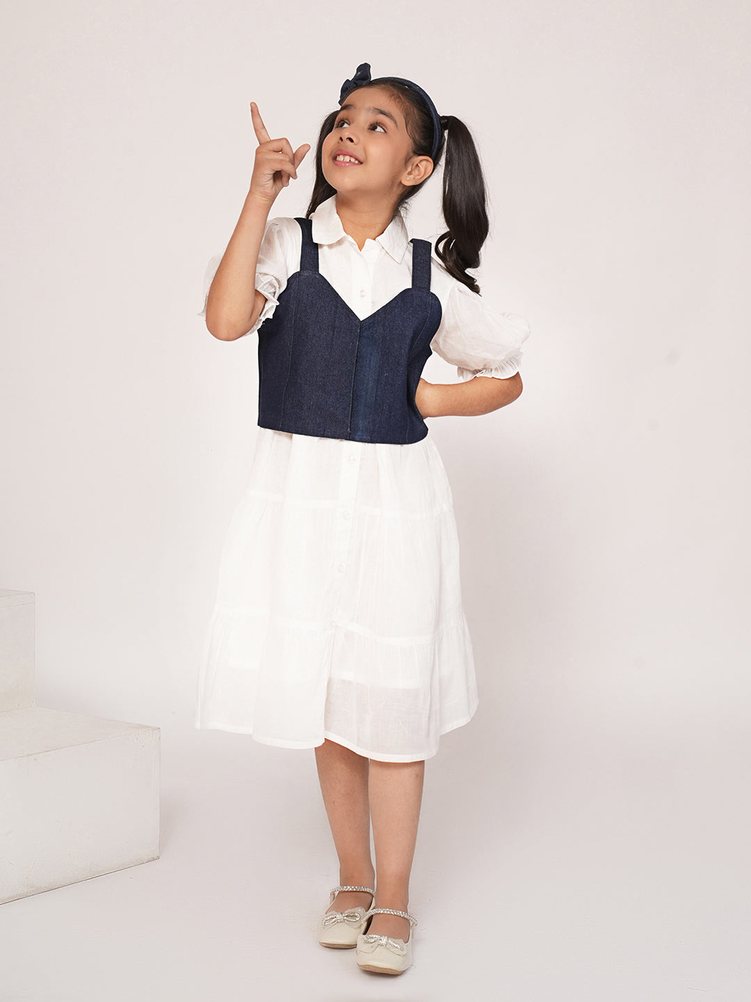 White cotton dress with denim jacket
