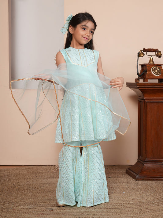 Sequins work turquoise blue kurta set with dupatta