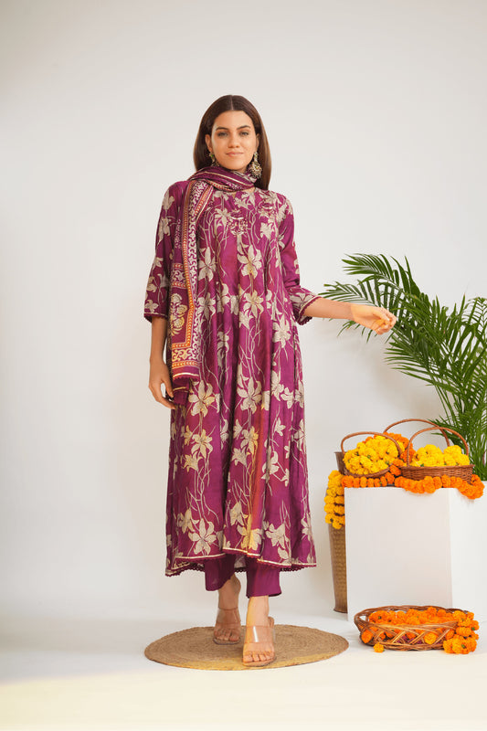 Women Floral Printed Cotton Anarkali Kurta with Trousers & Dupatta