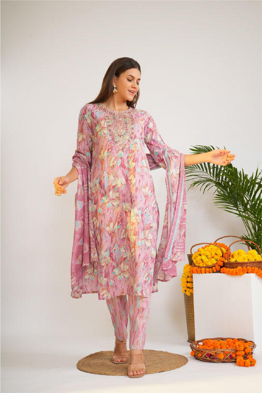 Women Floral Print Thread Work Pure Cotton Kurta with Trousers & Dupatta