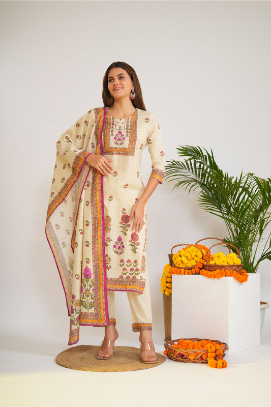 Women Ethnic Motifs Printed Regular Pure Cotton Kurta with Trousers & With Dupatta