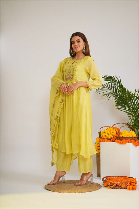 Women Floral Embroidered A-Line Kurta with Palazzos & Dupatta
