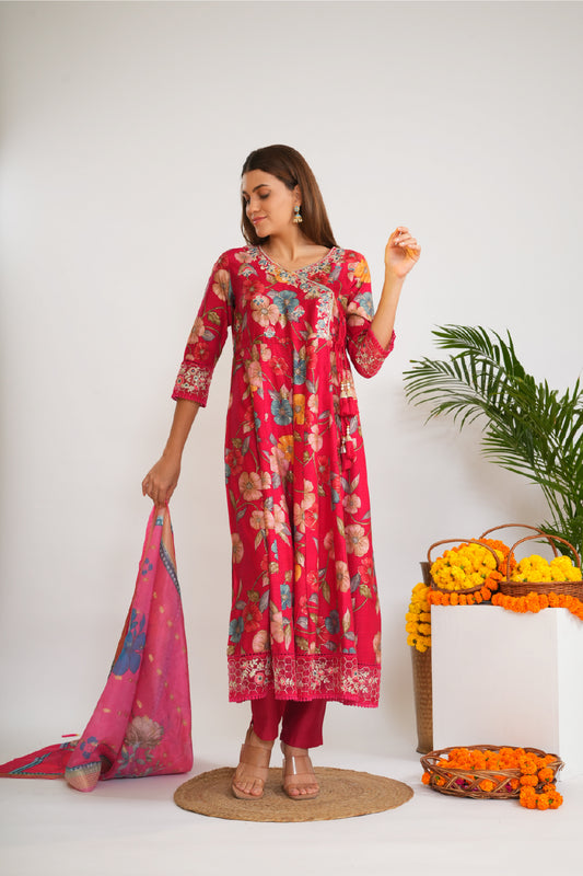 Women Floral Printed Cotton A-Line Kurta with Trousers & Dupatta