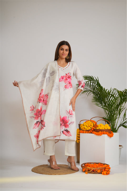 Women Floral Printed Linen Kurta with Trousers & Dupatta