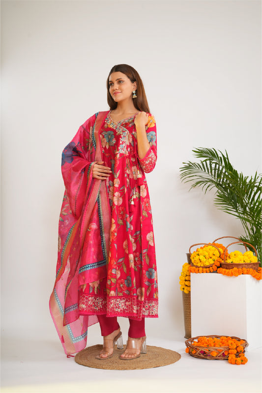 Women Floral Printed Cotton A-Line Kurta with Trousers & Dupatta