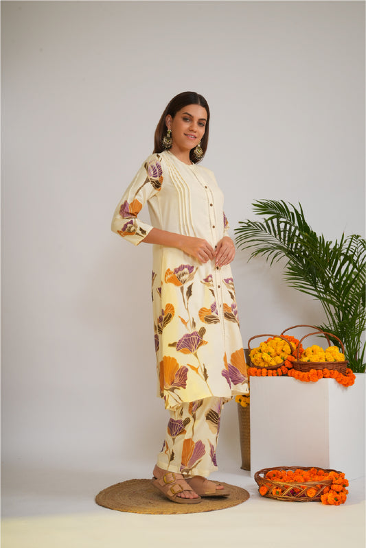 Women Floral Printed Mandarin Collar Regular Pure Cotton Kurta With Trousers