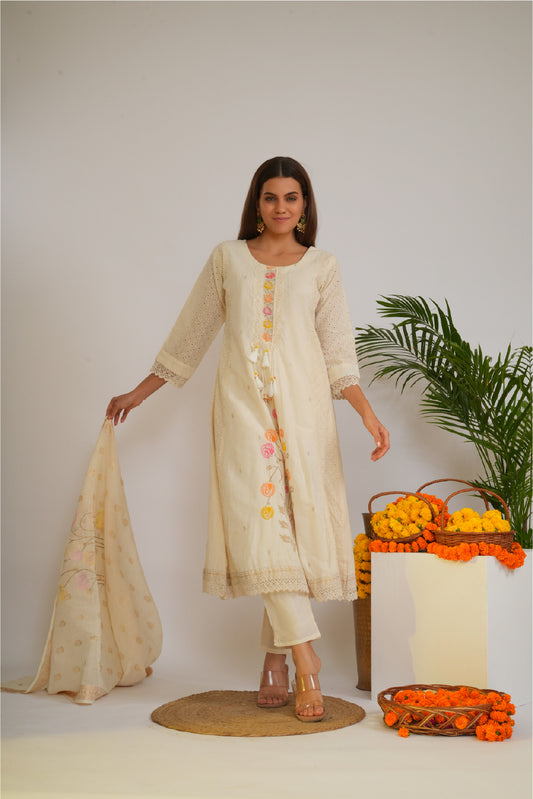 Women Floral Embroidered Thread Work Chanderi Cotton Kurta with Trousers & Dupatta