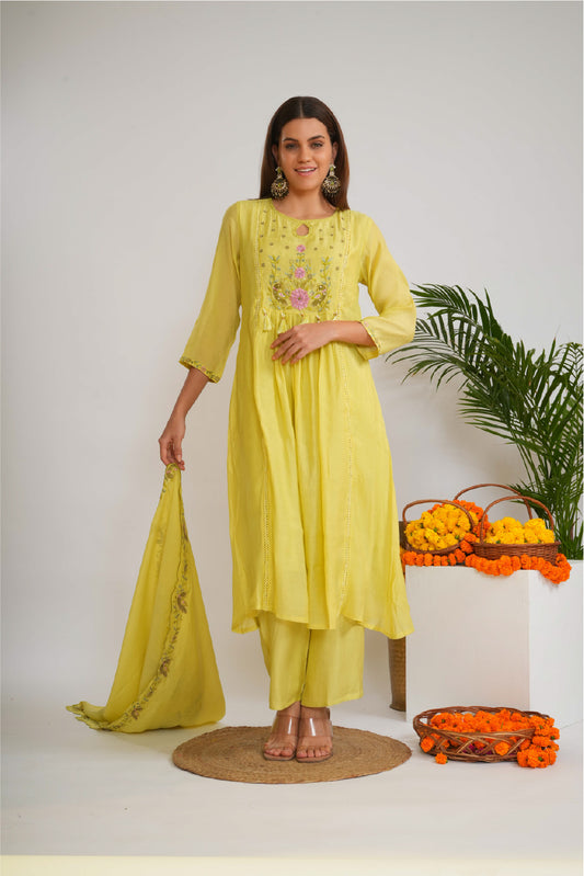 Women Floral Embroidered A-Line Kurta with Palazzos & Dupatta