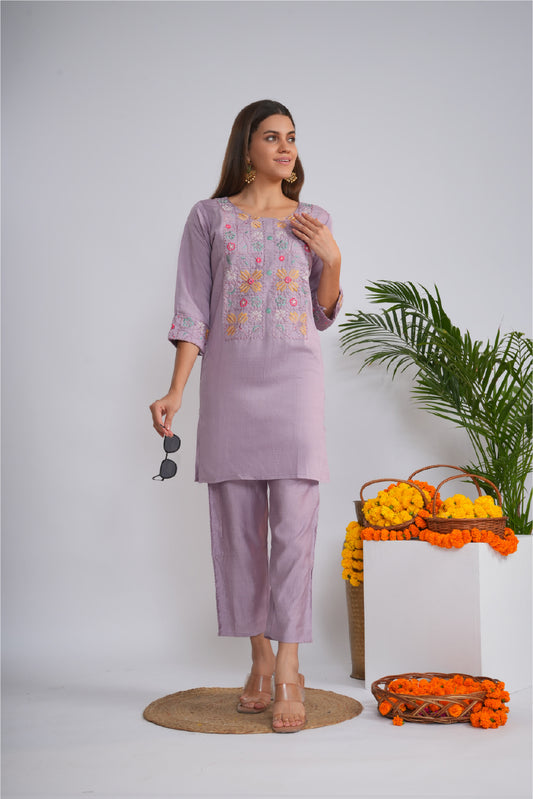 Embroidered Round Neck Tunic With Trousers