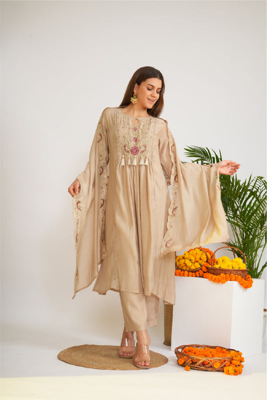 Floral Embroidered Panelled Thread Work A-Line Kurta With Trousers & Dupatta