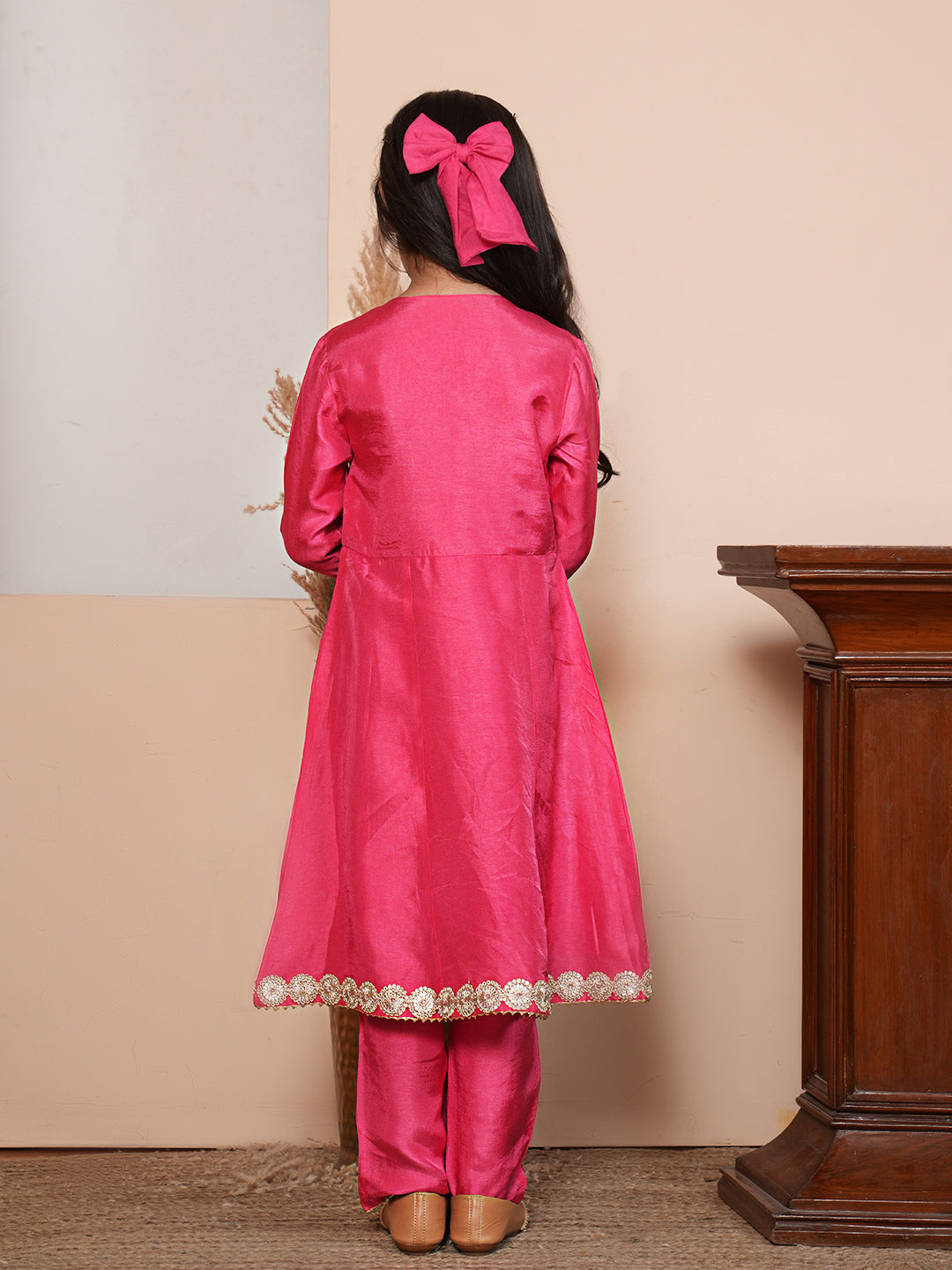 Pink angrakha kurta set with orange dupatta