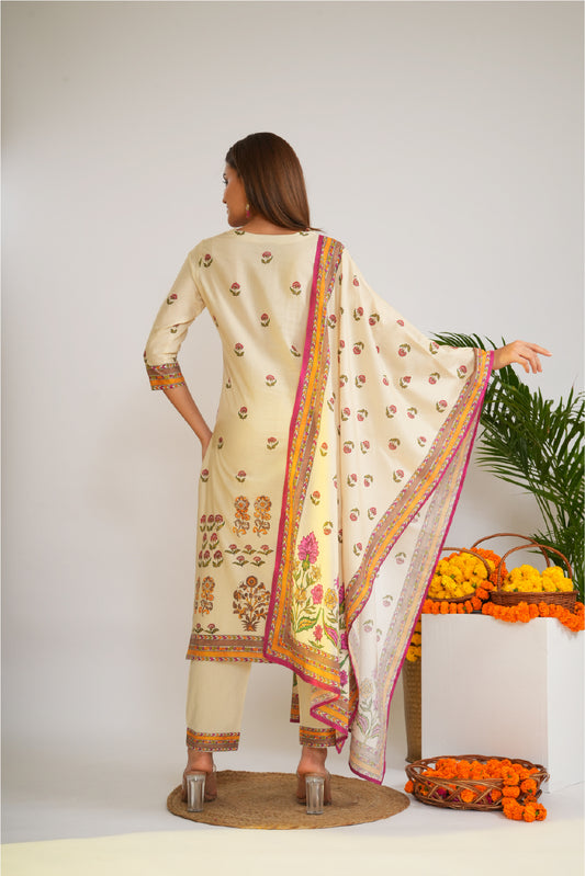 Women Ethnic Motifs Printed Regular Pure Cotton Kurta with Trousers & With Dupatta