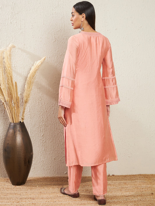 V-Neck Flared Sleeves Thread Work Chanderi Cotton Kurta with Trousers