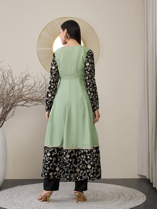 Women Floral Embroidered Angrakha Sequinned Kurta with Trousers & With Dupatta
