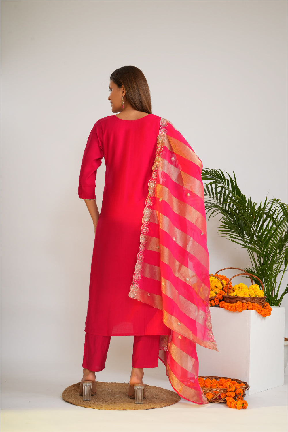 Floral Embroidered Thread Work Straight Kurta With Trousers & Dupatta